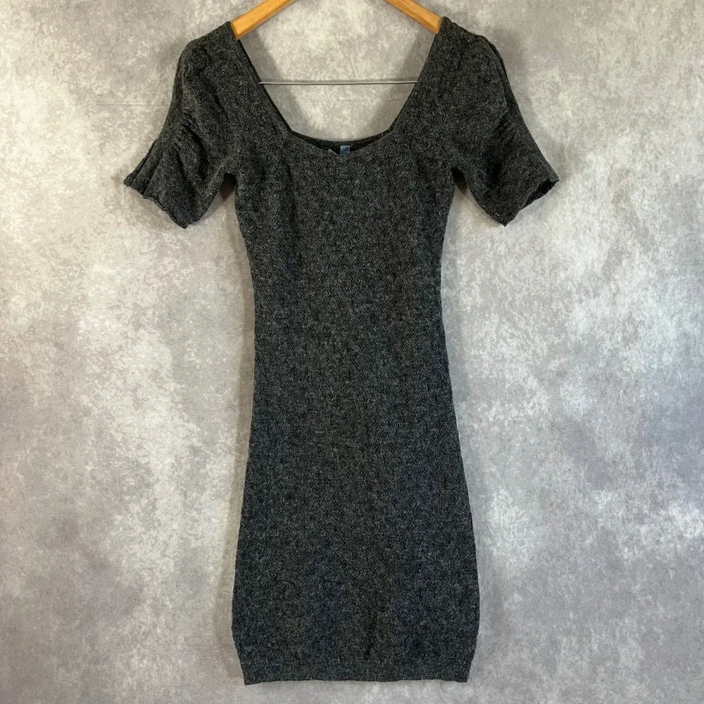 Free People Sweater Dress Womens Small Gray Marl Scoop Neck Puff Sleeve Bodycon
